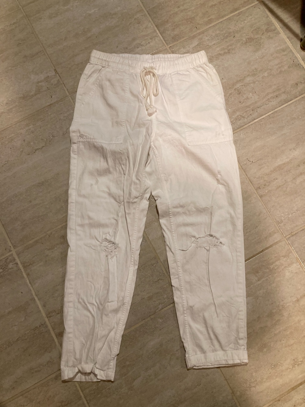 aerie White Distressed Drawstring Joggers